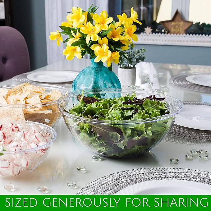 PLASTICPRO Disposable 48 Ounce Round Crystal Clear Plastic Serving Bowls, Party Snack or Salad Bowl, Chip Bowls, Snack Bowls, Candy Dish, Salad Container Pack of 8