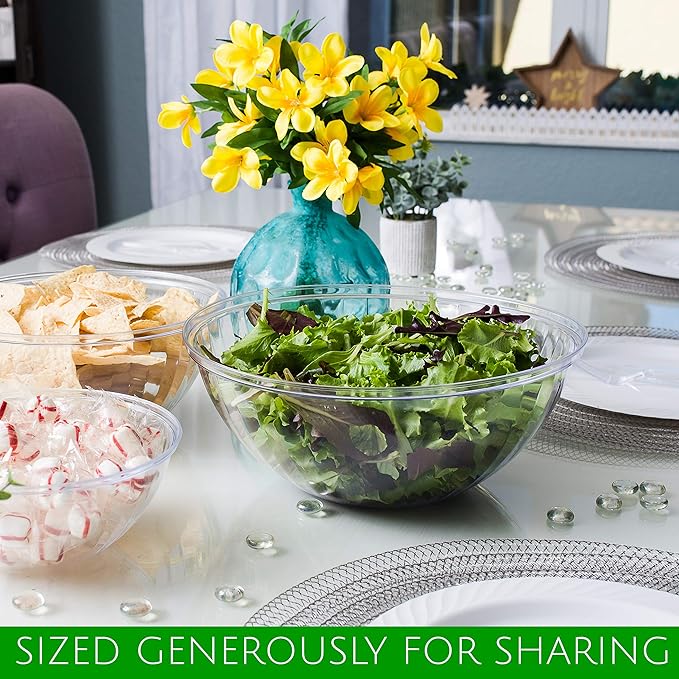 PLASTICPRO Disposable 150 Ounce Round Crystal Clear Plastic Serving Bowls for Snack or Chip ,Candy Dish, Party Salad Container Pack of 2