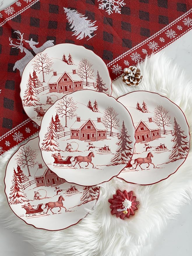 Bico Toile De Jouy Winter Wonderland Scalloped Salad Plates Set of 4, 8.75 Inch Ceramic Dessert Plates for Appetizer, Side Dishes, Microwave and Dishwasher Safe, Gift for Housewarming and Christmas