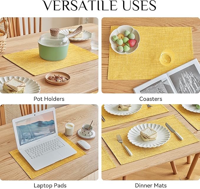 Softalker Faux Linen Placemats Set of 8-12 x 18 Inch, Heat Resistant Double Layered Durable Burlap Farmhouse Place Mats, Non-Slip Washable Rustic Table Mats for Dining, Kitchen, Party（Yellow