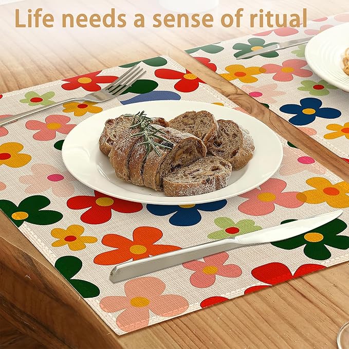 6 Pcs Placemats,Vintage Groovy Flowers Placemat,Colorful Table Mats Washable Recyclable Table Placemats for Indoor Outdoor Heat Resistant Kitchen Dining 12"x18"