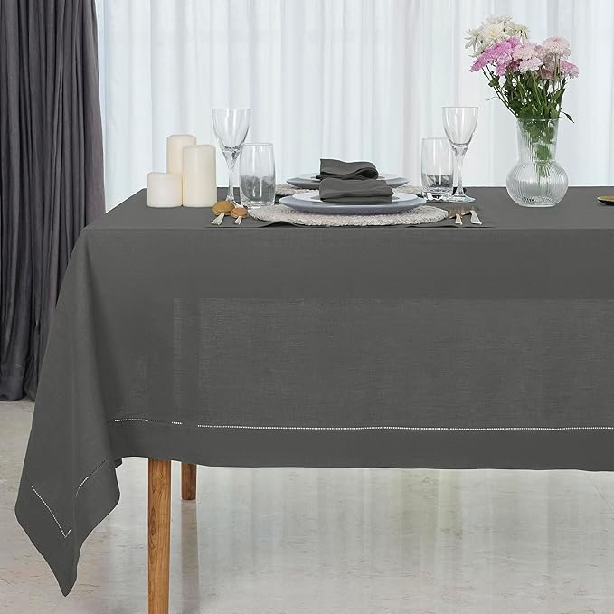D'Moksha Homes Charcoal Grey Linen Tablecloth for Rectangle Tables 60 x 144 Inch - 100% Pure Linen Grey Table Cloth - Classic Hemstitch, Machine Washable Dining Tablecloth for Spring, Easter