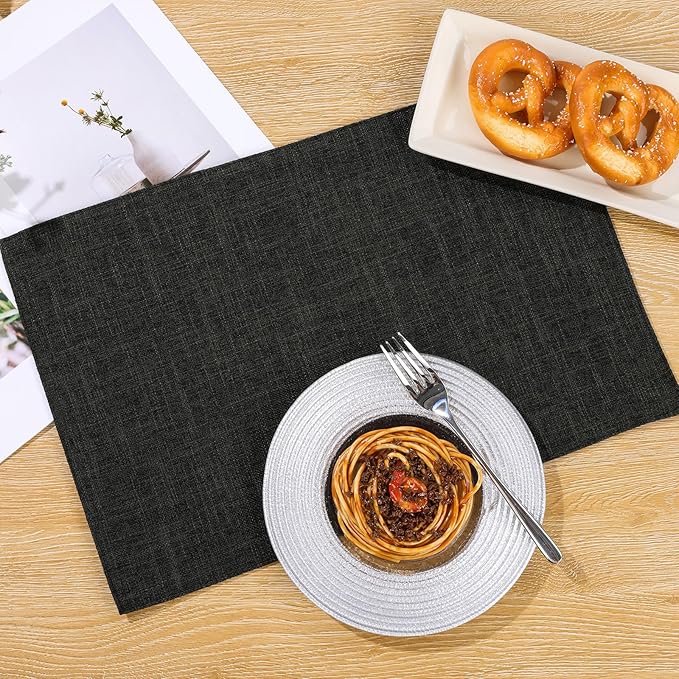 SHACOS Washable Cloth Placemats Set of 4 Cotton Linen Double Layer Thickened Machine Washable Table Mats Non Slip Heat Resistant Fabric Place Mats for Dining Table, Black