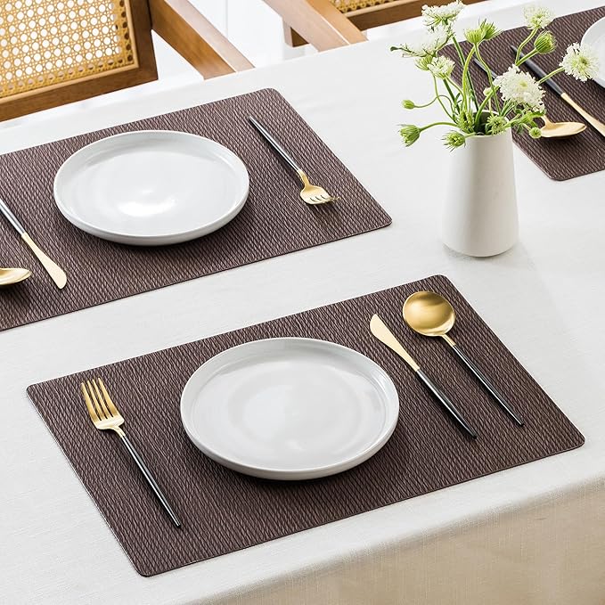 Jovono Faux Leather Placemats Set of 4, Waterproof Washable Table Mats, Easy-Clean Heat Resistant Kitchen Vinyl Place Mat for Dining Table, Restaurant, Indoor, 17.8"x11.8", Coffee