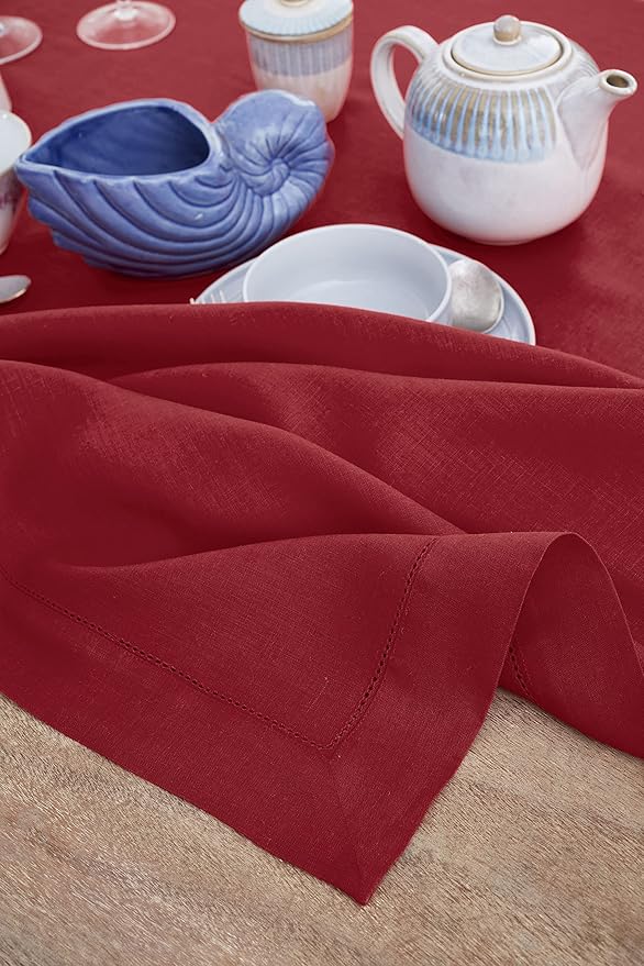 Solino Home Linen Tablecloth 60 x 108 Inch - Classic Hemstitch 100% Pure Linen Red Table Cloth for Rectangle Tables - Machine Washable Tablecloth for Valentines, Winter