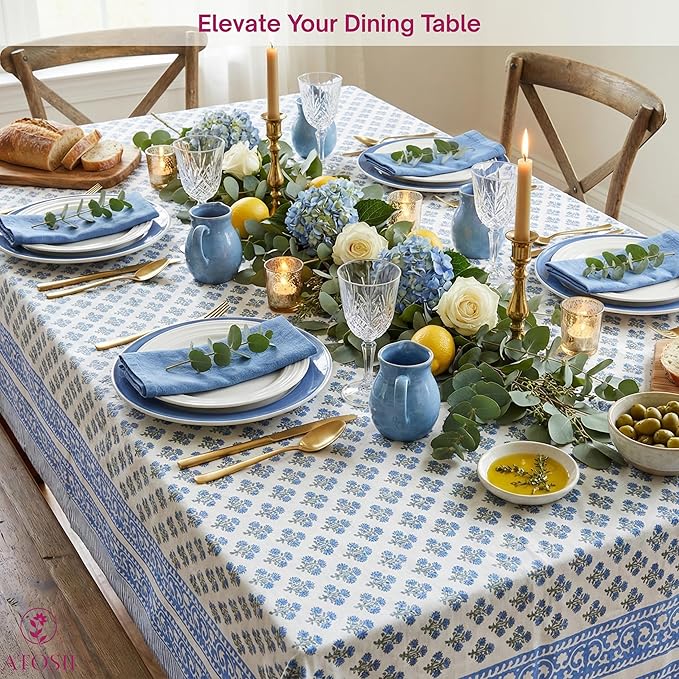 ATOSII Gulbahar Blue 100% Cotton Fall Rectangle Tablecloth, Hand Block Print Washable Table Cover, Christmas Parties Buffet Dining, Weddings, Thanksgiving Autumn Home Decor, 60 X 108 Inches 8 Seater
