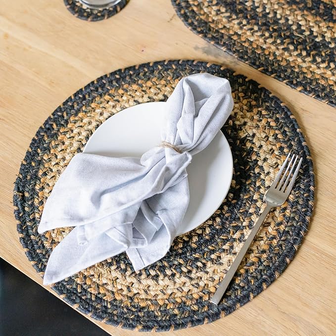 Homespice Kilimanjaro Round Braided Placemats, Warm Primitive Decor, Set of 2, 15" Black and Tan Jute Table Mats - Vibrant Colors, Durable, Easy to Clean and Protects Furniture