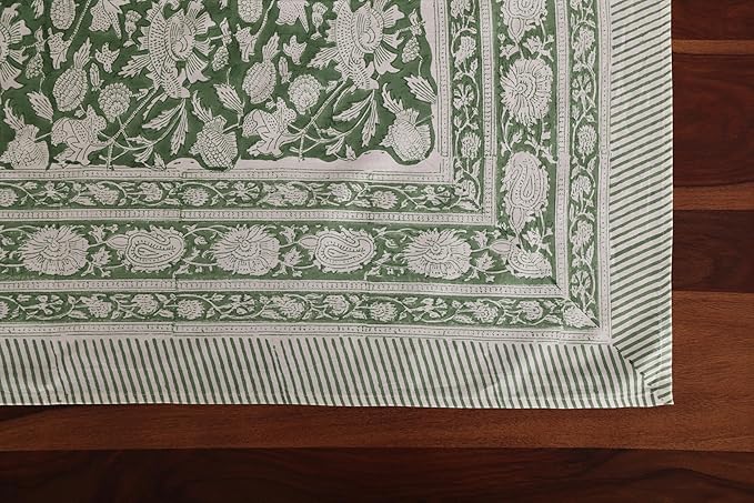 ATOSII Meraki Green 100% Cotton Fall Tablecloth, Handblock Print Rectangle Table Cover for Kitchen Dining Linen I Parties, Thanksgiving, Christmas, Wedding, Table Cloth I 72 X 140 Inches I 12 Seater
