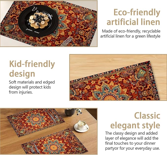 Ethnic Boho Placemats Set of 6, Southwest Orange Blue Teal Carpet Woven Texture Linen Washable Table Mats for Christmas, Thanksgiving, Party, and Dining 12x18 in