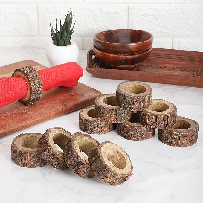 Ajuny Napkin Rings Wooden Set of 12 Handmade 1.5 Inch Decorative Round Shaped Holders with Bark Edge Natural Design for Table Dining Parties Special Occasions Kitchen & Home Decor Gift