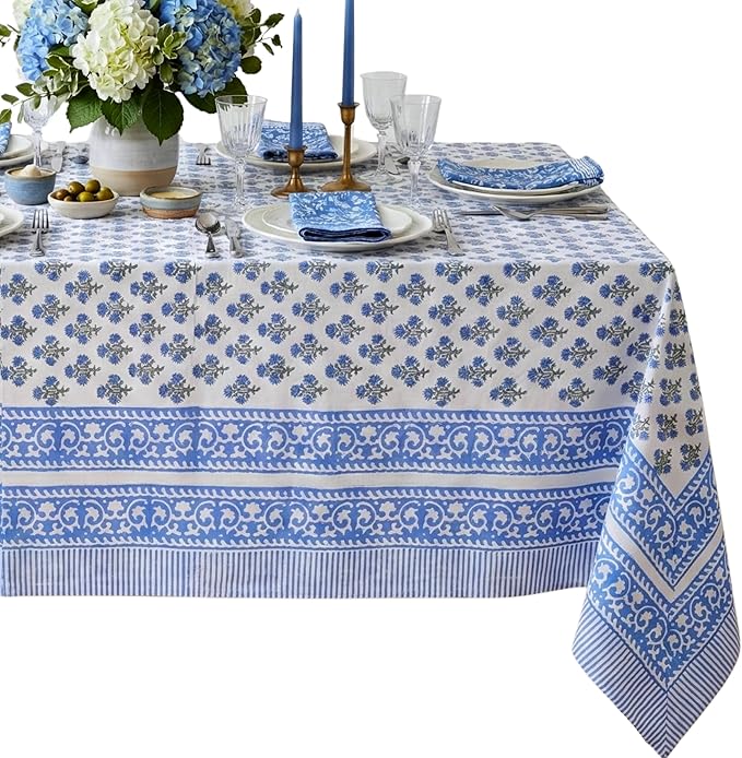 ATOSII Gulbahar Blue 100% Cotton Fall Rectangle Tablecloth, Hand Block Print Washable Table Cover, Christmas Parties Buffet Dining, Weddings, Thanksgiving Easter Home Decor, 60 X 90 Inches 6 Seater