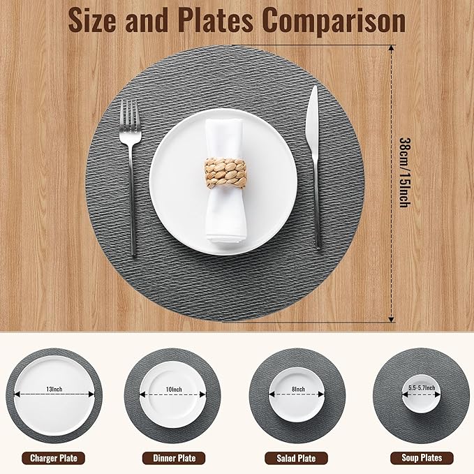 Jovono 15" Faux Leather Big Round Placemats Set of 4 - Washable Heat Resistant Non-Slip Dining Table Mats with Fabric Texture for Kitchen Home Party Decor, Gray