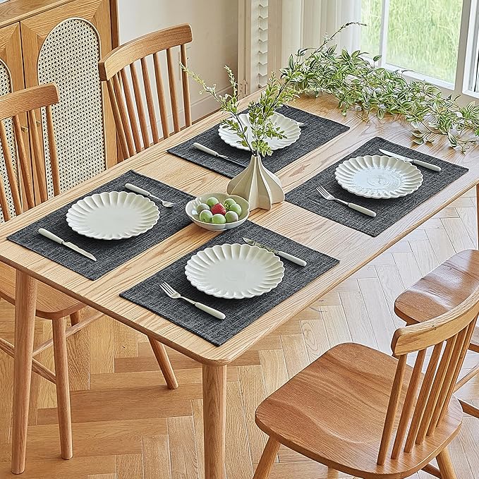 Softalker Faux Linen Placemats Set of 6-12 x 18 Inch, Heat Resistant Double Layered Durable Burlap Farmhouse Place Mats, Non-Slip Washable Rustic Table Mats for Dining, Kitchen, Party（Dark Grey