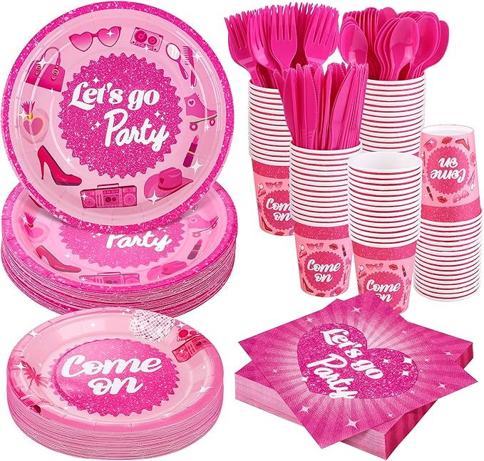Kochorie 400 Pieces Let's Go Girls Party Tableware Sets Including Disposable Paper Plates Cups Napkins Cutlery Serves 50 for Birthday Disco Pink Cowgirl Bachelorette Party Decorations