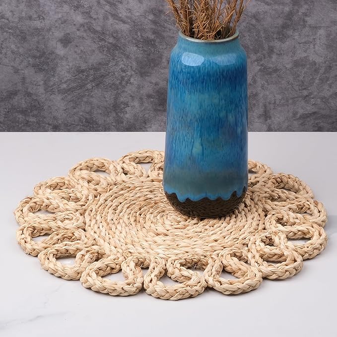 13.8" Corn Husk Woven Round Placemats Set of 8 - Wicker Boho Farmhouse Placemats - Rattan Table Mats Like Water Hyacinth for Dining Table, Wedding, Home
