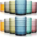 Colored Hobnail Drinking Glasses Set of 12, 15oz&12oz Kitchen Vintage Glassware, Embossed Beaded Water Tumbler for Cocktail, Juice and Various Mixed Drinks Dishwasher-Safe
