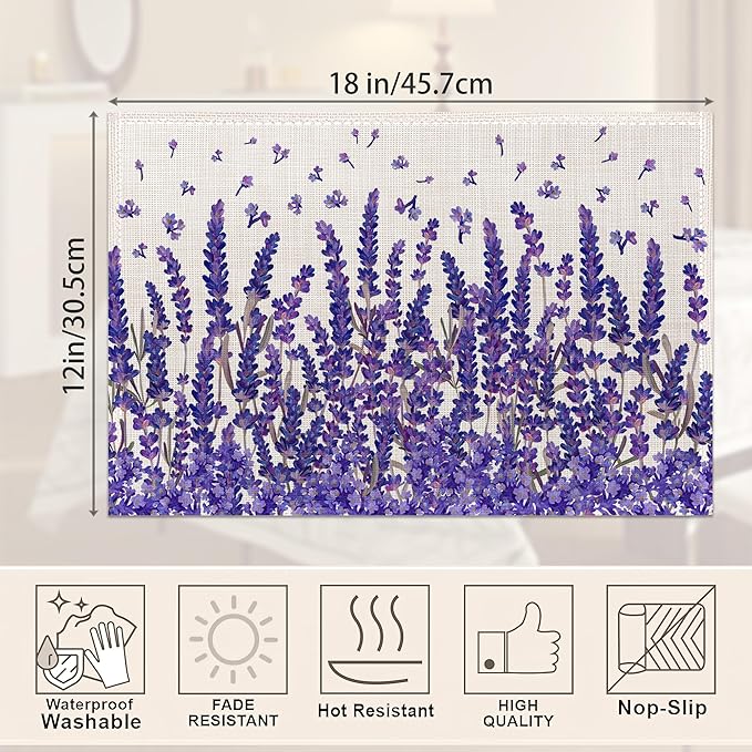 Placemats,Lavender Flower Placemats 12x18 Inch Waterproof Non-Slip Washable Table Mats for Kitchen Dining Party Table Decor,Set of 6
