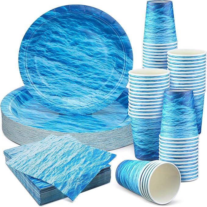 Marsui 200 Pieces Party Supplies Tableware Set Patterns Printed Plates Napkins Cups Table Decorations for Baby Shower Birthday Party (Ocean Style)