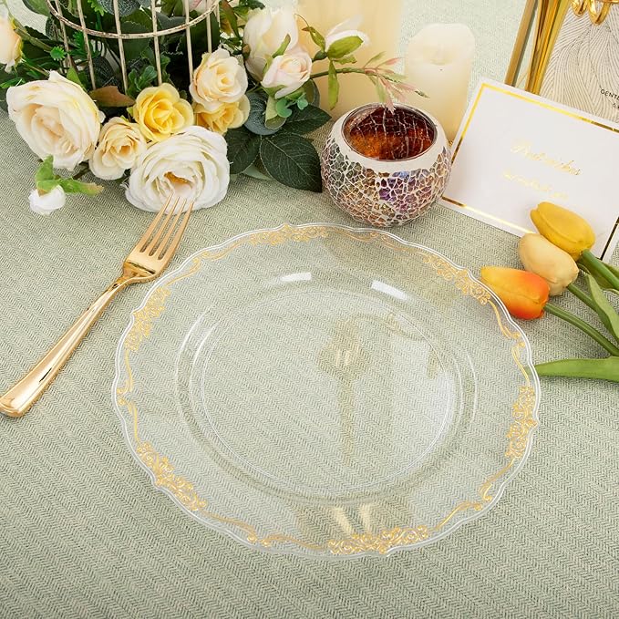 DaYammi 60PCS Clear Gold Plastic Plates Fancy Heavy Duty Clear Disposable Plates Premium 10.25inch Dinner Plates with Gold Rim Hard Plastic Plates Disposable for Party and Wedding