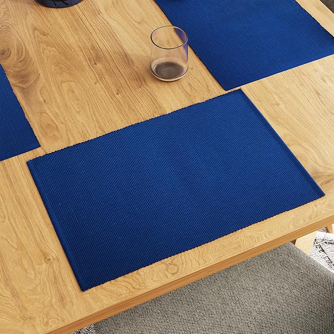 Encasa XO Dining Placemat Set of 6 | Solid Blue Color | Fine Ribbed Cotton Table mat | Size 19x13 in | Machine Washable