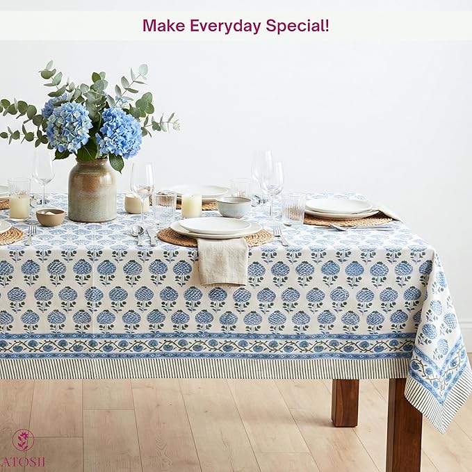 ATOSII Roma Blue 100% Cotton Boho Square Fall Tablecloth, Handblock Floral Print Table Cloth Linen for Kitchen Dining I Parties, Outdoors, Weddings, Christmas, Thanksgiving Decor 60 X 60 Inches