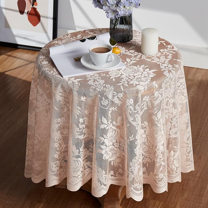 Warm Home Designs 90 Inch Round Tablecloth with English Rose Design. Use as Circle Tablecloth, Rustic Tablecloth or as Elegant Lace Table Cloth. Linen Gold Table Clothes for 6-8 Guests. LTC Linen 90"