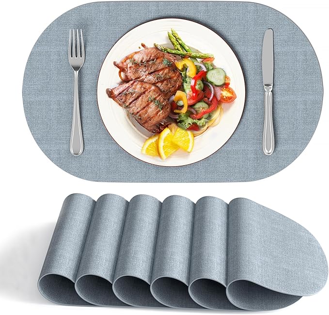 DOLOPL Placemats Set of 6, Oval Reversible Wipeable & Heat Resistant Place Mats, Modern Faux Leather Table Mats for Kitchen, Neutral Tablemats for Dining Table Decor, Wedding, Party(Dusty Blue)