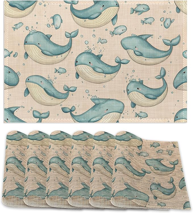 Placemats Set of 6,Cute Whale Table Mats,Sea Animal Washable Linen Table Mats,Non-Slip Heat Resistant Placemats for Party Kitchen Dining Indoor Outdoor 12"x18"