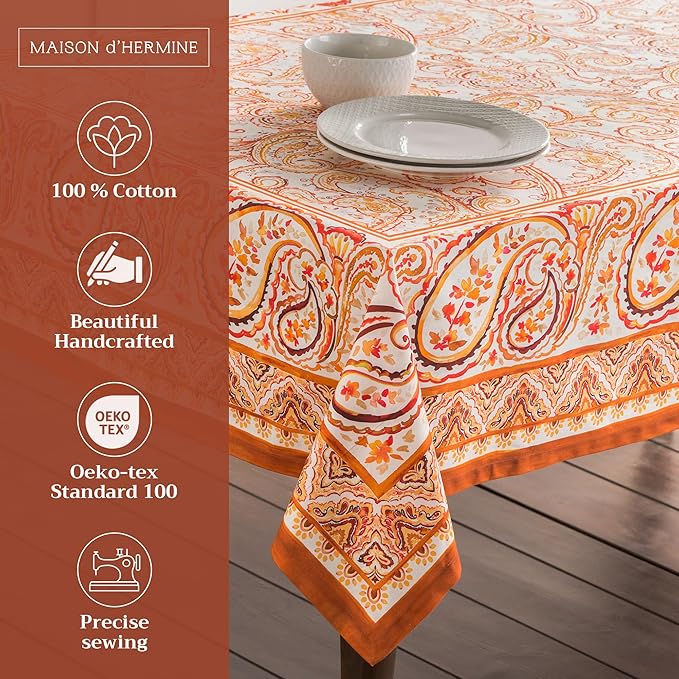 Maison d' Hermine Table Cloth Rectangle Table 100% Cotton 70 x 120 Inches Fall Tablecloth Reusable Everyday Use for Thanksgiving Christmas Decorations Dining Farmhouse Party (Palatial Paisley)