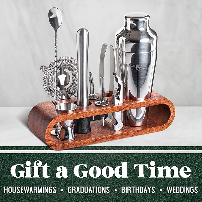 Mixology & Craft Cocktail Shaker Set with Dark Bamboo Stand - Professional 10-Piece Bartender Kit - Complete Bar Set & Cocktail Mixer Kit for Home (Silver)