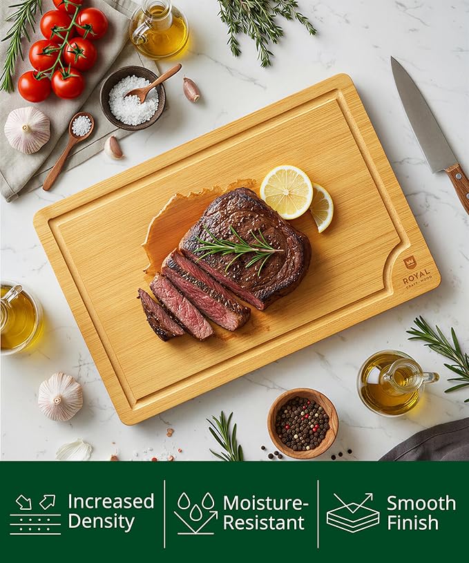 ROYAL CRAFT WOOD Wooden Cutting Boards for Kitchen Meal Prep & Serving - Bamboo Wood Serving Board with Deep Juice Groove Side Handles - Charcuterie & Chopping Butcher Block for Meat