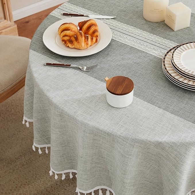 ZeeMart Contrast Linen Round Tablecloth 60 Inch Mid-Stripe Grey, Farmhouse Style Round Table Cloth Heavy Weight Grey Tablecloths, Water Resistant Burlap Table Cloths