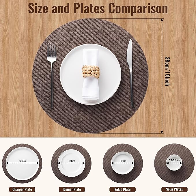 Jovono 15" Faux Leather Big Round Placemats Set of 4 - Washable Heat Resistant Non-Slip Dining Table Mats with Fabric Texture for Kitchen Home Party Decor, Coffee