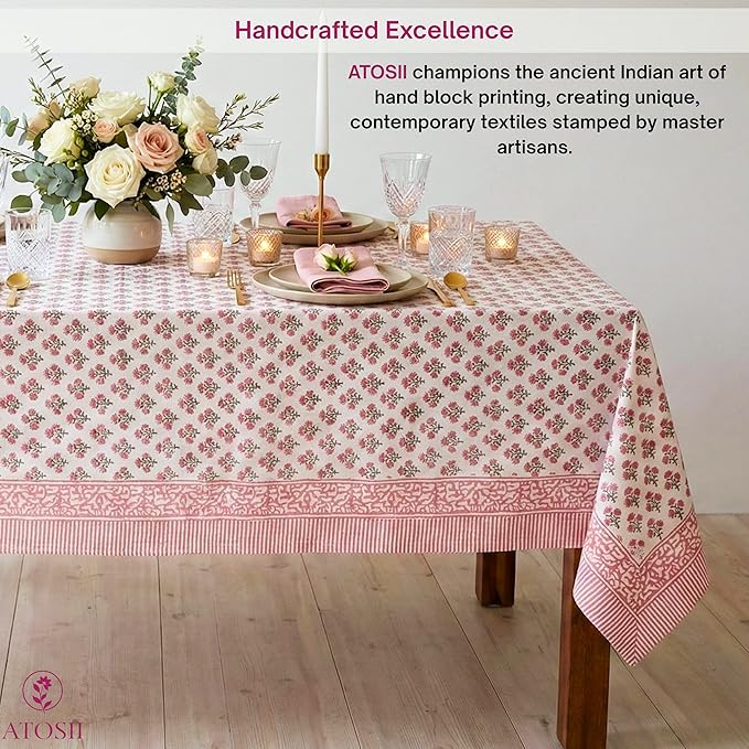 ATOSII Gulbahar White Pink 100% Cotton Fall Rectangle Tablecloth, Hand Block Print Washable Table Cover, Christmas Parties Buffet Dining, Weddings, Thanksgiving, Halloween, 60 X 90 Inches, 6 Seater