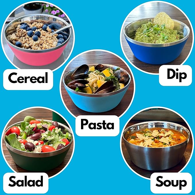 Stainless Steel Insulated Bowls - Set of 4-20 Oz Double Wall Metal Bowls for Ice Cream, Soup, Cereal, Snack, Rice Dish, Camping (Assorted 1 (Black, White, Blue, Natural))