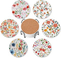 6 Pcs Drink Coasters with Holder,Abstract Flower Absorbent Round Ceramic Coaster for Tabletop Protection,for Coffee Cup Beverage Coasters Wine Beer Bar