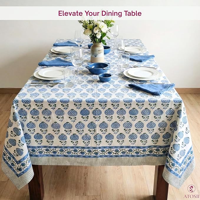 ATOSII Roma Blue 100% Cotton Boho Rectangle Fall Tablecloth, Handblock Floral Print Table Cloth Linen for Kitchen Dining I Parties, Outdoors, Weddings, Christmas, Thanksgiving Decor 60 X 108 Inches