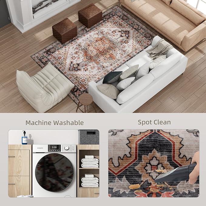 HOMCOM Washable Area Rug, 5'x7' Vintage Indoor Distressed Carpet, Retro Floor Cover Foldable, Floral Print Mat for Living Room, Bedroom, Dining Room, Tawny Brown
