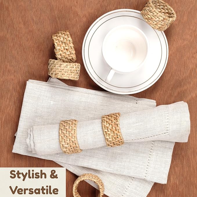 CLEENTABLE Jute Napkin Ring, Nautical Woven Napkin Rings Set of 12 - Handcrafted Cane Table Decor, 1.5" Diameter Coastal Napkin Holders for Weddings, Parties & Everyday Dining (Natural)