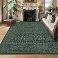 GarveeHome Washable Rug for Living Room, 8x10 Large Area Rug for Dining Room Under Table, Bedroom, Floral Soft Low Pile Non Slip Stain Resistant Carpet for Nursery, Playroom, Office, Dark Green