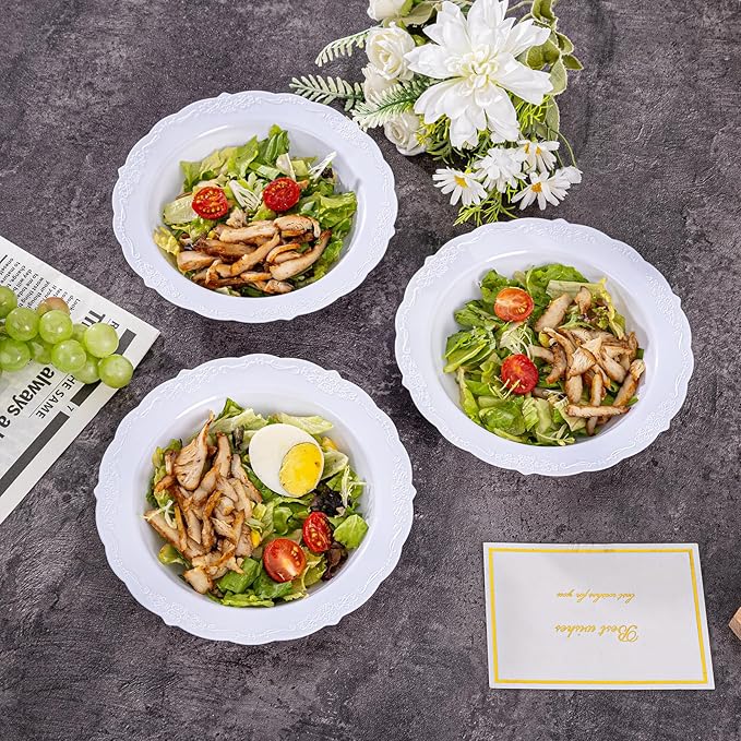 DaYammi 100 Pack White Plastic Bowls, 12oz Disposable Soup Bowls, Heavy Duty Dinner Bowl for Weddings, White Disposable Bowls for Parties, Dinners, Catering and Everyday Use