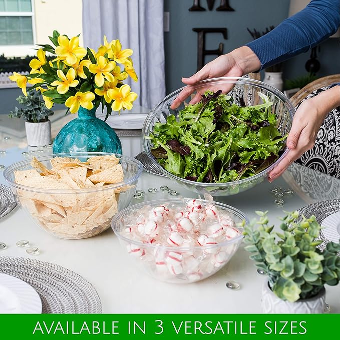 PLASTICPRO Disposable Combo Set of Salad Bowl Includes 4, 48 Ounce 4, 96 oz 4, 150 Ounce Round Crystal Clear Plastic Serving Bowl