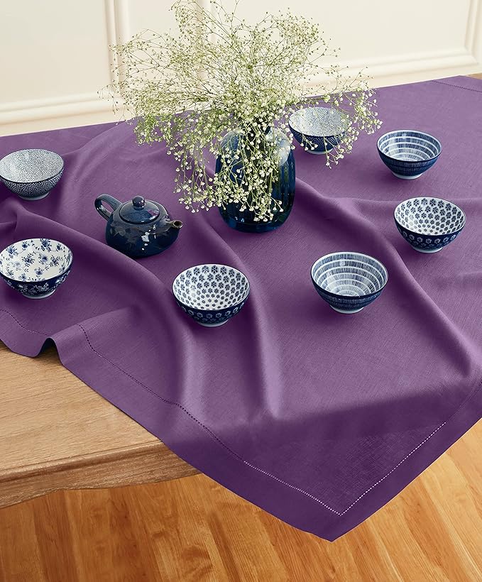 Solino Home Square Linen Tablecloth 52 x 52 Inch - 100% Pure Linen Purple Table Throw - Classic Hemstitch, Machine Washable Table Cloth for Valentines, Spring, Easter