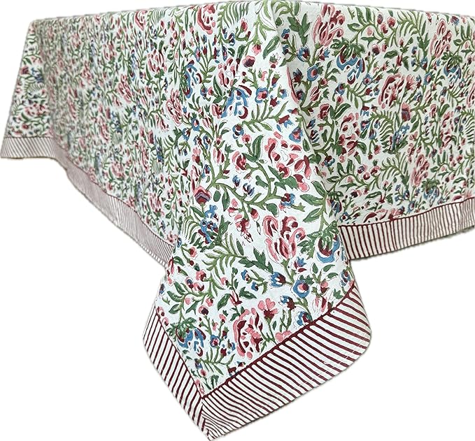 ATOSII Ambrosia 100% Cotton Rectangle Boho Spring Summer Tablecloth, Handblock Floral Table Cloth Linen for Kitchen Dining Parties Wedding Outdoors Easter Decor 60 X 108 Inches I 8 Seater