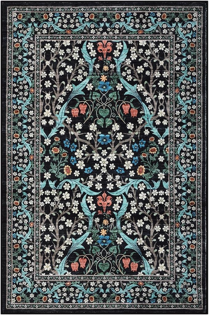GarveeHome Floral Entryway Rug, 2x3 Washable Front Door Entry Throw Rugs Indoor, Non Slip Bathroom Small Rugs, Boho Thin Rug for Kitchen, Soft Carpet Mat for Bedroom Bathroom, Black
