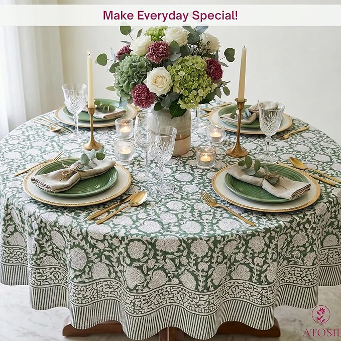 ATOSII Shalimar Green 100% Cotton Round Boho Fall Tablecloth, Handblock Floral Table Cloth Linen for Kitchen Dining I Parties Wedding Outdoors Christmas Thanksgiving I Fall Home Decor 72" Inches Round