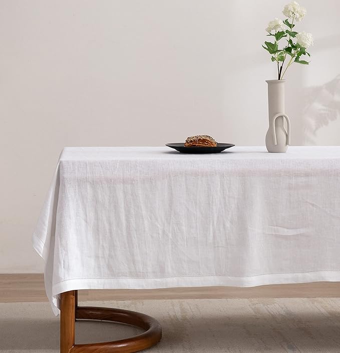 EVERLY Pure Linen Hemstitch Tablecloth,100% Stonewashed French Linen tablecloths for Kitchen Dining Rectangle Tables,60x120Inch Machine Washable Christmas Thanksgiving Organic Tablecloth-White