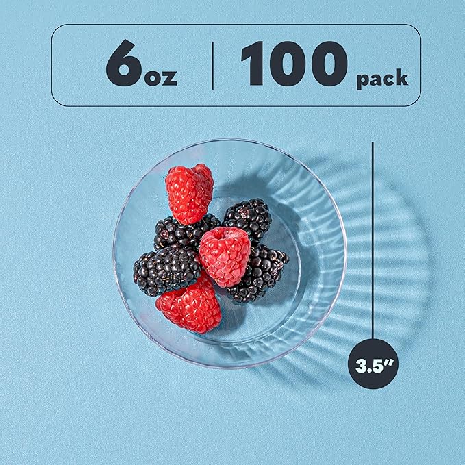 PLASTICPRO 100 Pack Small Plastic Bowls Crystal Like 6 oz Bowls Elegant Clear Plastic Bowls for Party and Occasions