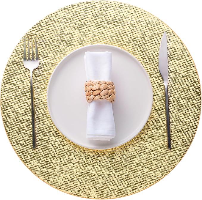 Jovono 15" Faux Leather Big Round Placemats Set of 4 - Washable Heat Resistant Non-Slip Dining Table Mats with Fabric Texture for Kitchen Home Party Wedding Decor, Gold