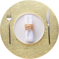 Jovono 15" Faux Leather Big Round Placemats Set of 8 - Washable Heat Resistant Non-Slip Dining Table Mats with Fabric Texture for Kitchen Home Party Wedding Decor, Gold